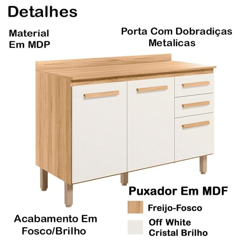 Balcão de Cozinha com Tampo 3 Portas 2 Gavetas e 1 Prateleira Freijó/Off White Nicioli Maria Flor, , large image number 1