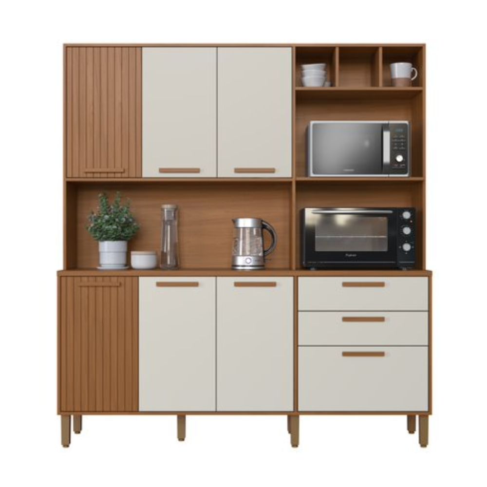 Kit Cozinha Indekés Porto 7 Portas 2 Gavetas 180x198x45cm Freijó/Off White