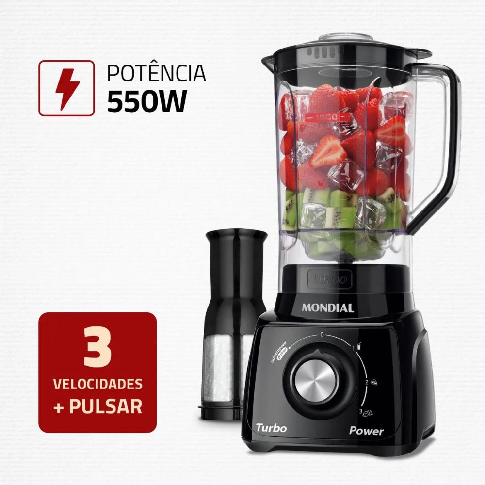 Liquidificador Mondial Preto Turbo Com Filtro 2,2 Litros 550W 220V L99FB, , large image number 1