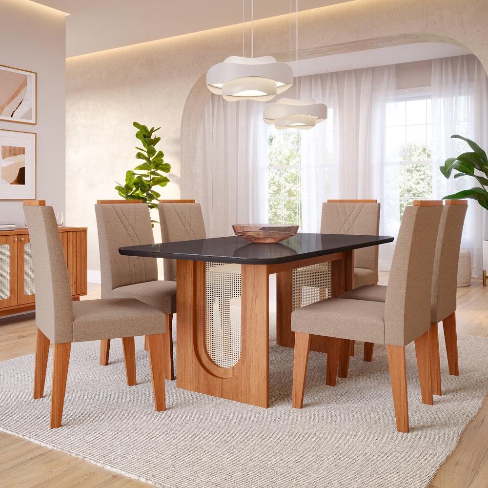 Conjunto de Mesa Sala Jantar Retangular 180x80 6 Cadeiras Nicole Cinamomo/Off White Cimol Valentina