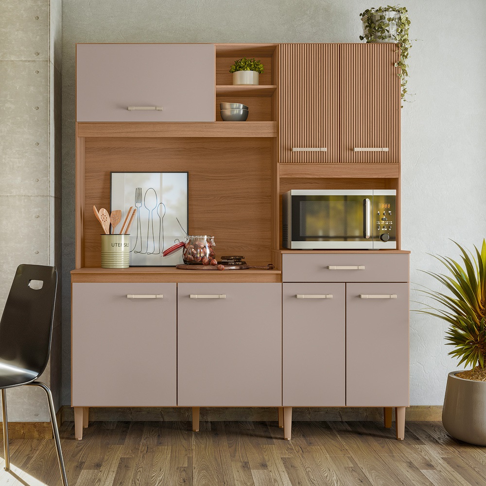 Kit de Cozinha 160 cm 7 Portas 1 Gaveta Ipê/Fendi/Ripado Nicioli Yara, , large image number 1