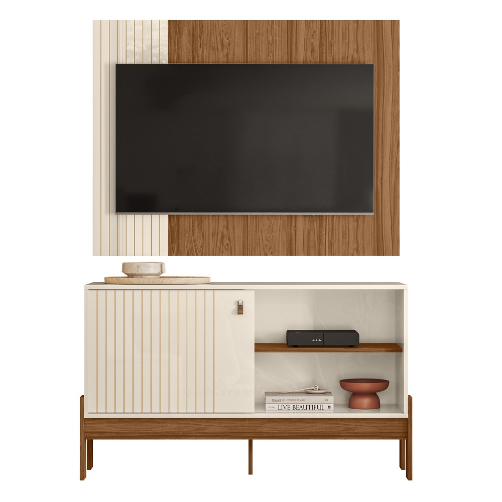 Rack Com Painel Para TV Até 42 Polegadas Cinamomo Mel / White Möbler Wood 1.2