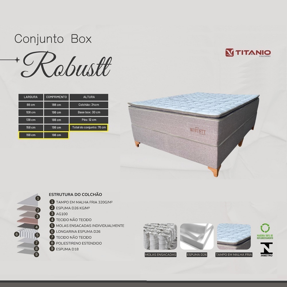 Cama Box King Size Espuma D26 e Molas Ensacadas Robustt 198x198x76cm Tit&acirc;nio, , large image number 2