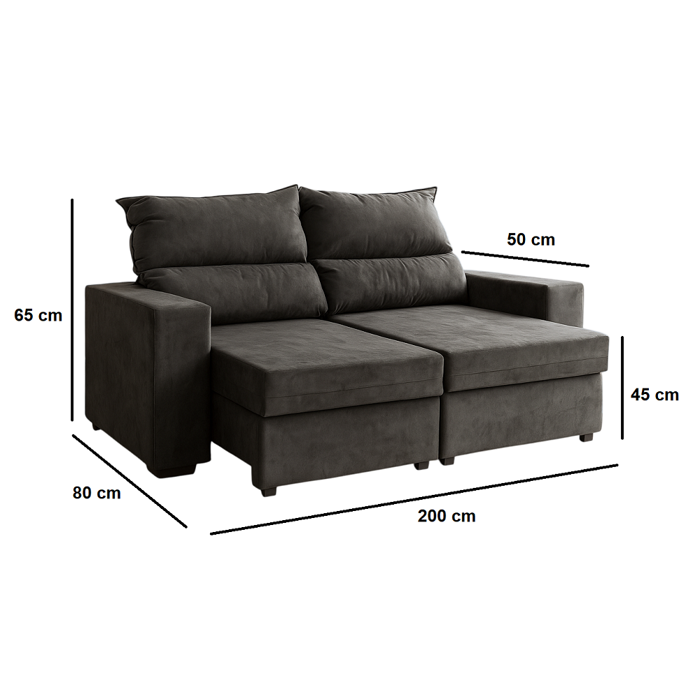 Sofá Retrátil e Reclinável 2 Lugares 200cm Suede Cinza Movelpaz, , large image number 2