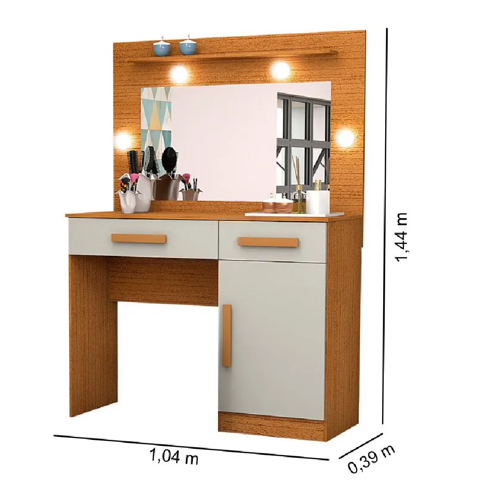 Penteadeira Nature/Off White com Espelho Luz LED 1 Pt 2 Gav 1 Prat Mágno Móveis Munique - 100% MDF, , large image number 3