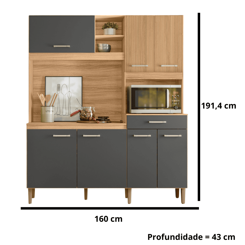 Arm&aacute;rio de Cozinha 160 cm 7 Portas 1 Gaveta Freij&oacute;/Chumbo/Ripado Nicioli Yara, , large image number 2