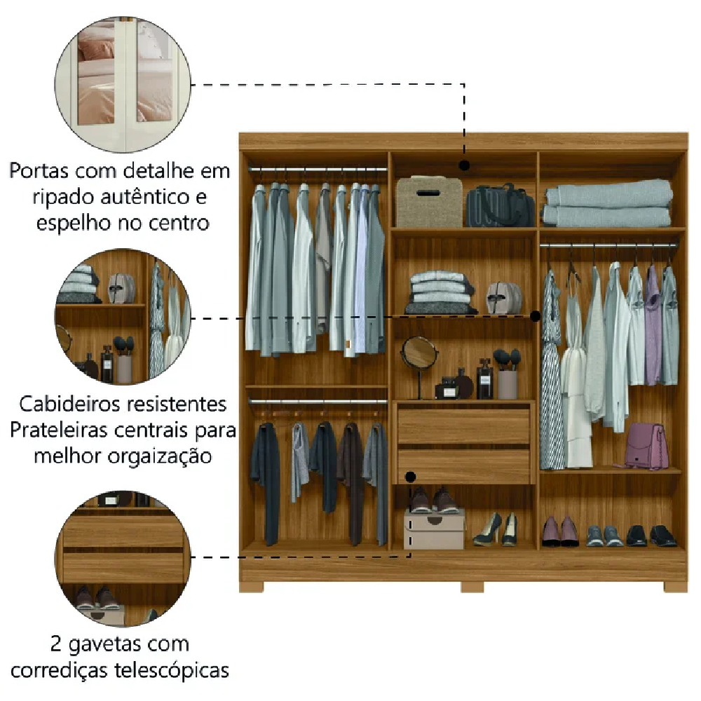 Guarda-Roupa Casal 6 Portas 2 Gavetas com Espelho Freijó/Off White Moval Valença Ripado, , large image number 2