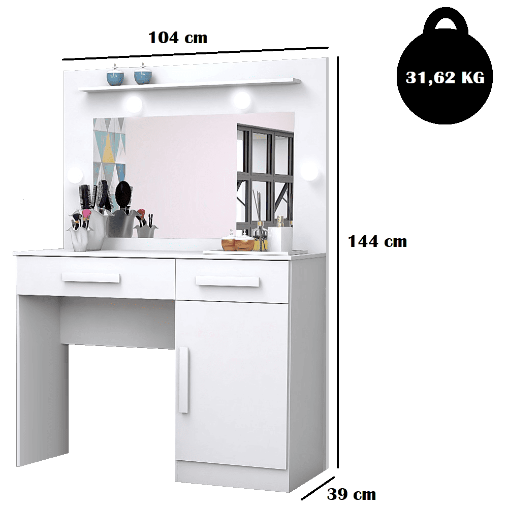 Penteadeira Branca com Espelho Luz LED 1 Pt 2 Gav 1 Prat M&aacute;gno M&oacute;veis Munique, , large image number 2