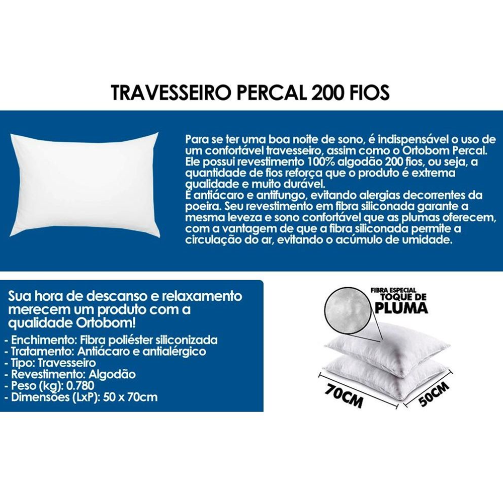 Travesseiro Ortobom Percal 200 Plus 200 Fios 70x50 Branco, , large image number 1