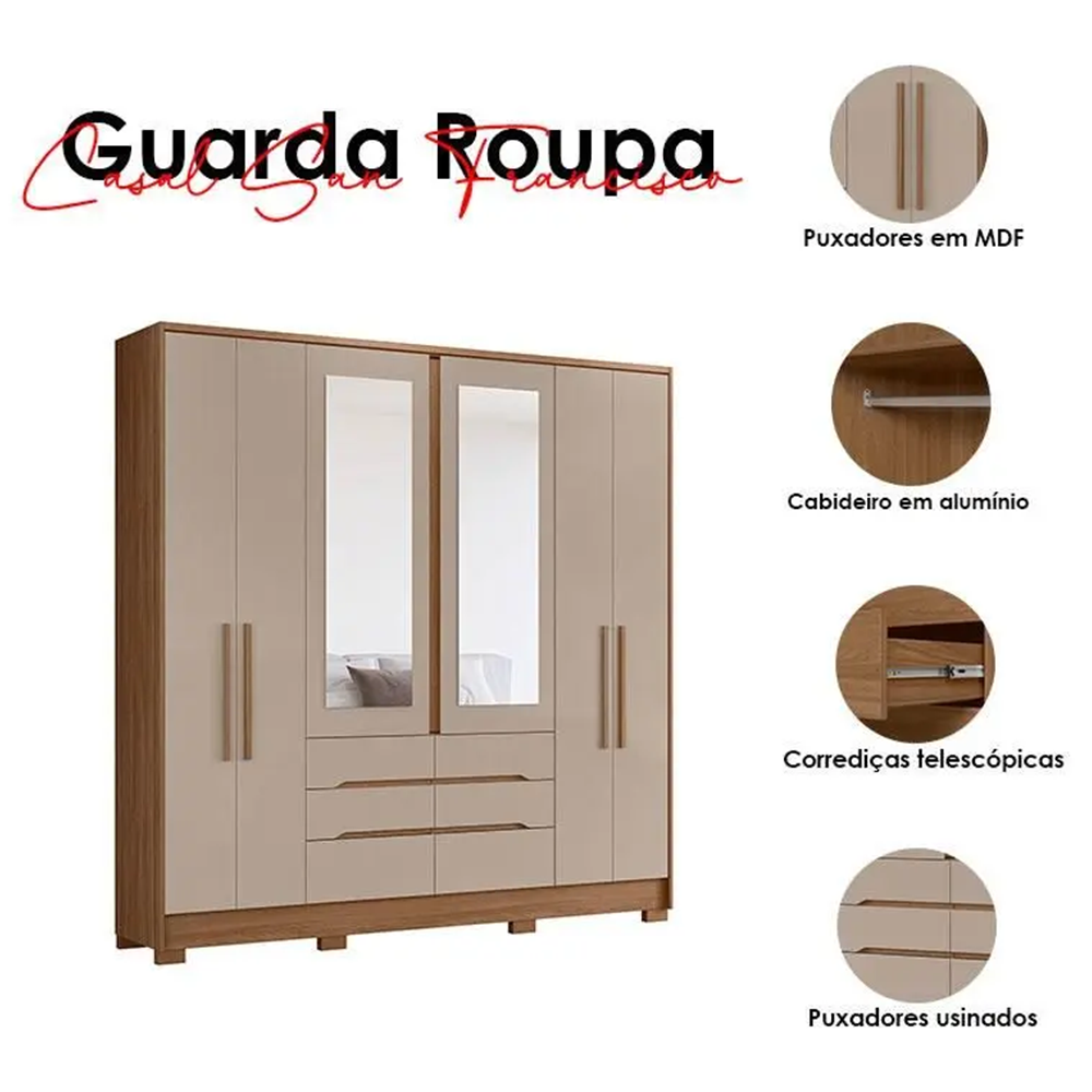 Guarda-Roupa Casal 6 Portas 6 Gavetas com Espelho Carvalho/Fendi Moval San Francisco, , large image number 2