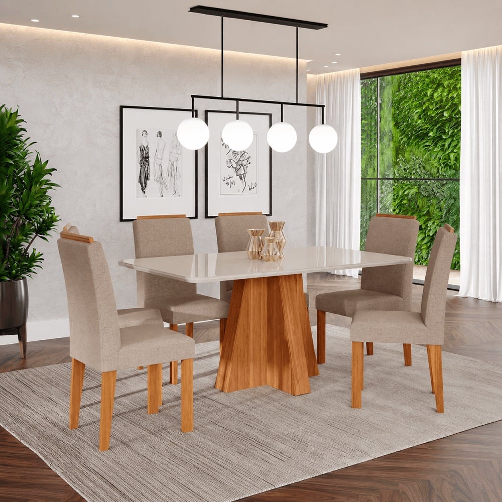 Conjunto Mesa de Jantar 6 Cad Julia Cimol Patr&iacute;cia 160x80 Cinamomo/Off White/Linho Bege, , large image number 1