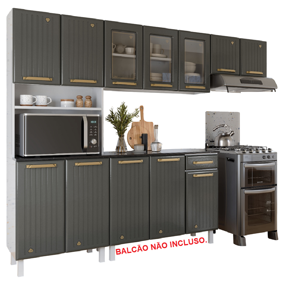 Cozinha Completa 9 Portas Branco/Cinza Nicho Microondas Telasul Diamante New em Aço
