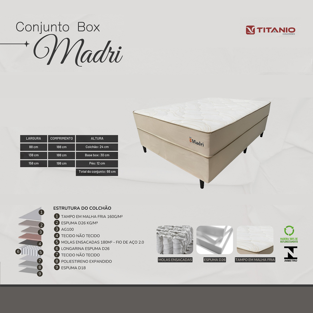 Conjunto Box Casal Molas Ensacadas Titânio Madri Bege 138x188x66 cm, , large image number 2
