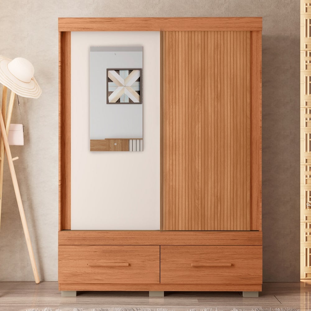 Guarda-Roupa Solteiro com Espelho 2 Portas Correr 2 Gavetas Freij&oacute; Ripado/Off White Caemmun Sereno, , large image number 3