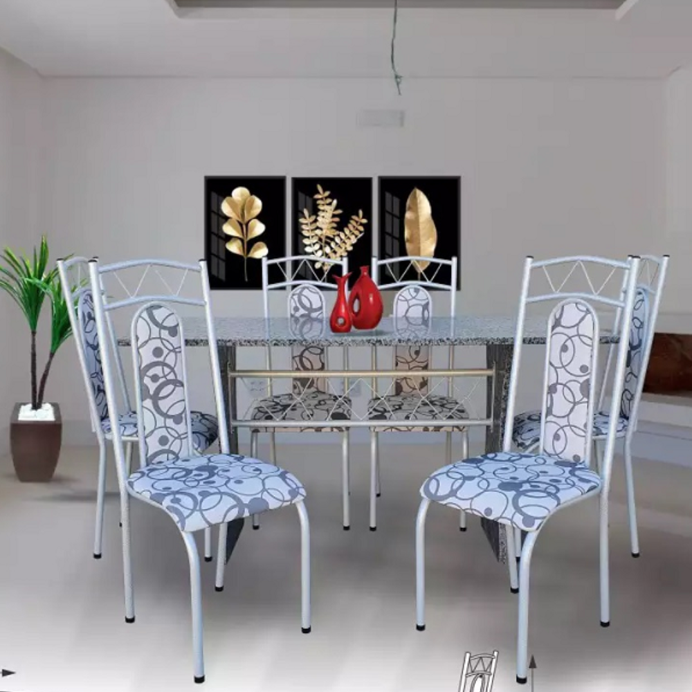 Conjunto de Mesa Aço Coelho Catar c/ 6 Cadeiras e Tampo de Granito
