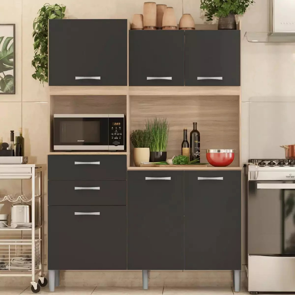 Armário de Cozinha 6 Portas 2 Gavetas MDP Amêndoa/Branco Demóbile Harmonia, Grafite, swatch
