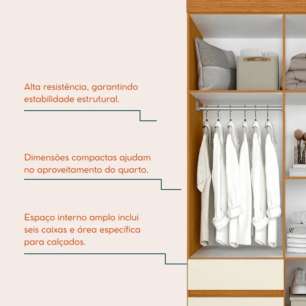Guarda-Roupa Solteiro 4 Portas 2 Gavetas Cinamomo/Off White ACP Maya, , large image number 4