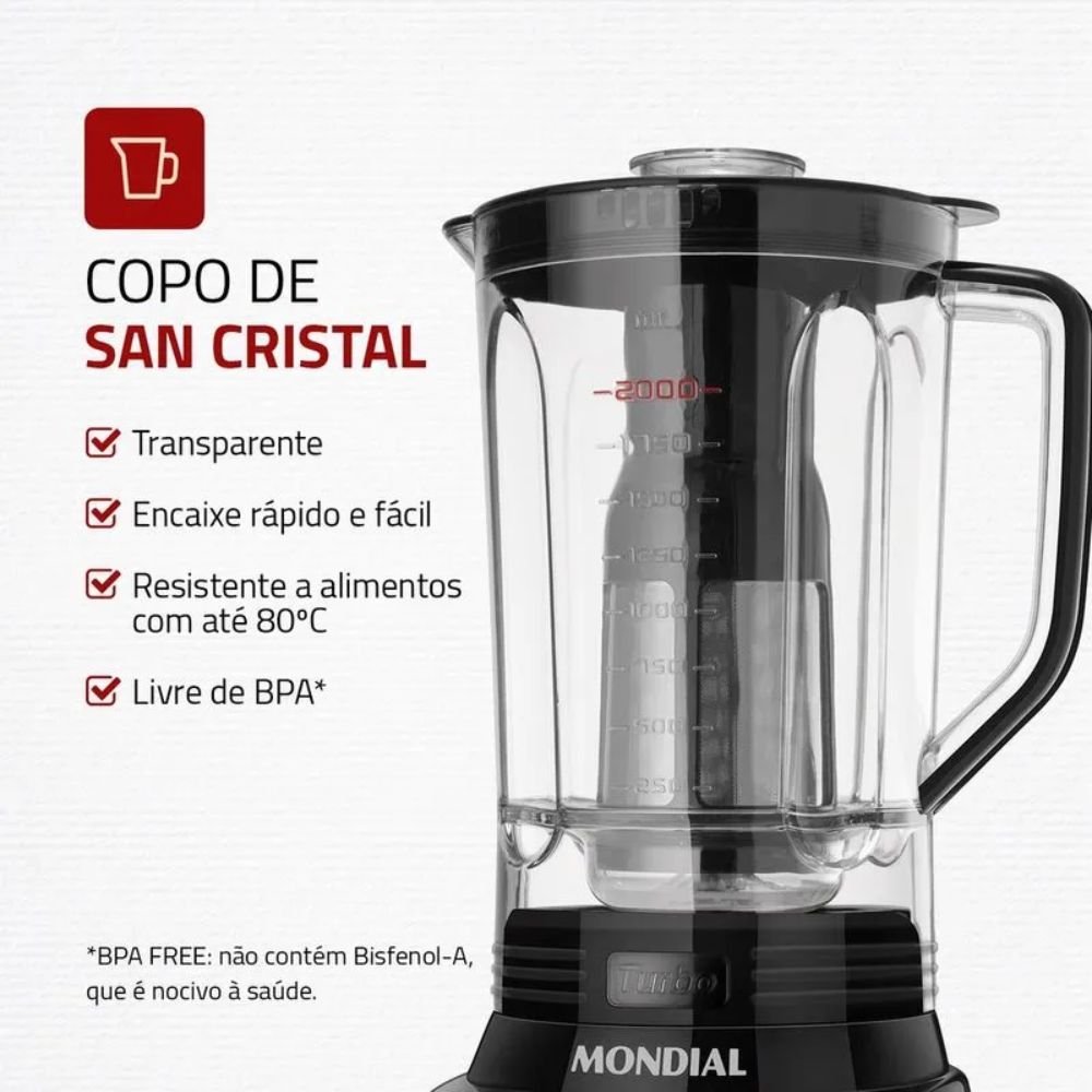 Liquidificador Mondial Turbo com Filtro 12 Velocidades L-1100-BI 3 Litros 220V 1100W, Preto, large image number 2