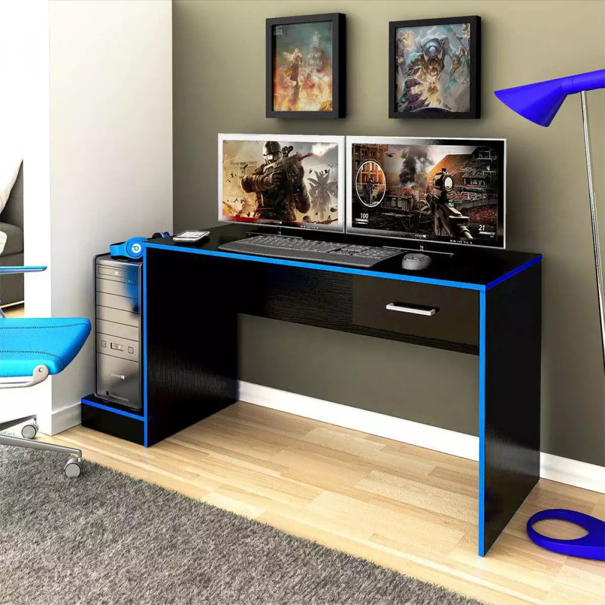 Escrivaninha Gamer 1 Gaveta Preto/Acetinato Com Azul Artely, , large image number 1