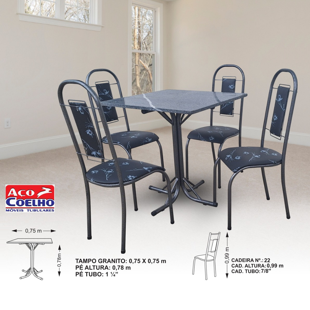 Mesa de Cozinha 4 Cadeiras Bella Preta Quadrada Aço Coelho Topázio