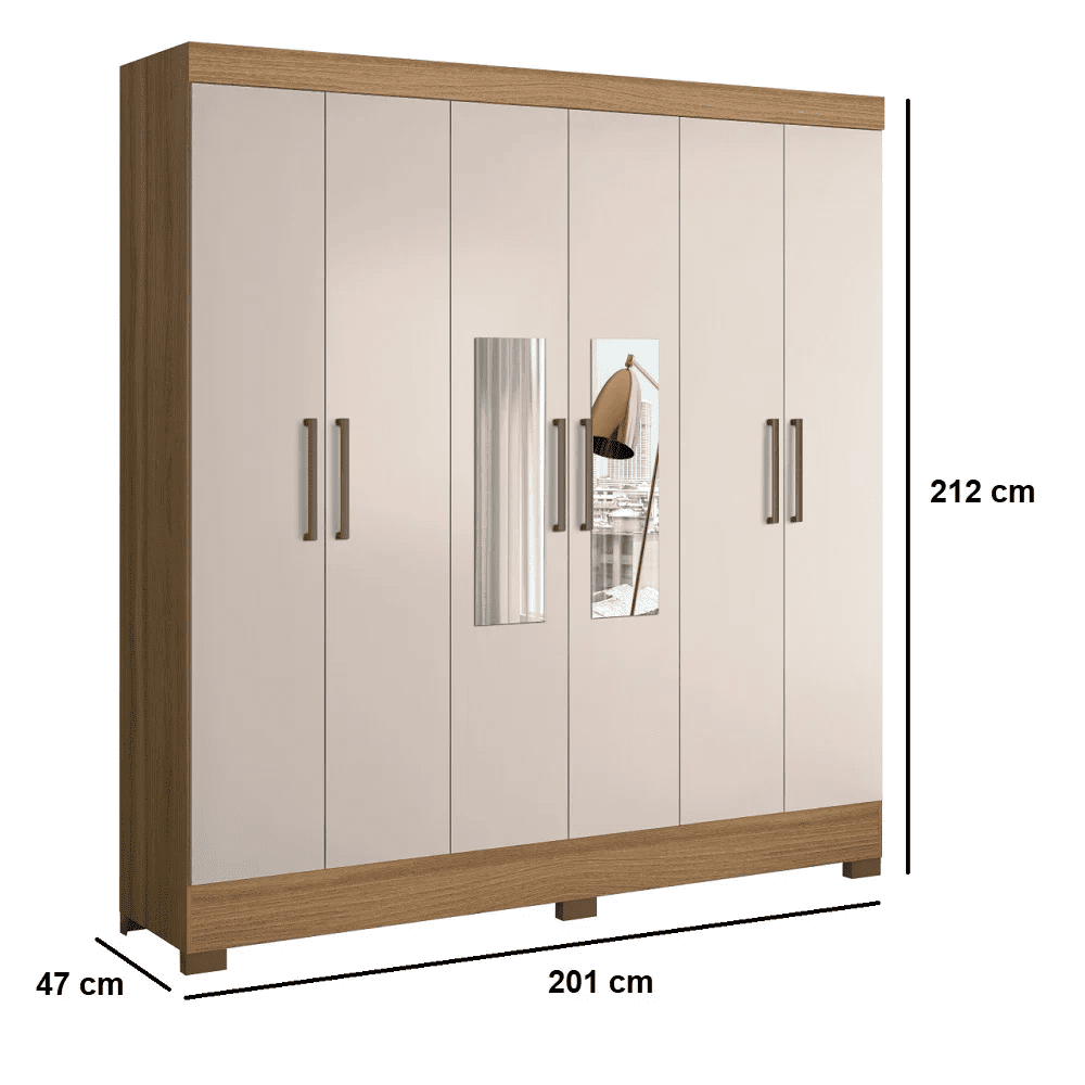 Guarda-Roupa Casal com Espelho 6 Portas 3 Gavetas Amendoa/Off White Dem&oacute;bile Pr&aacute;tico, , large image number 6