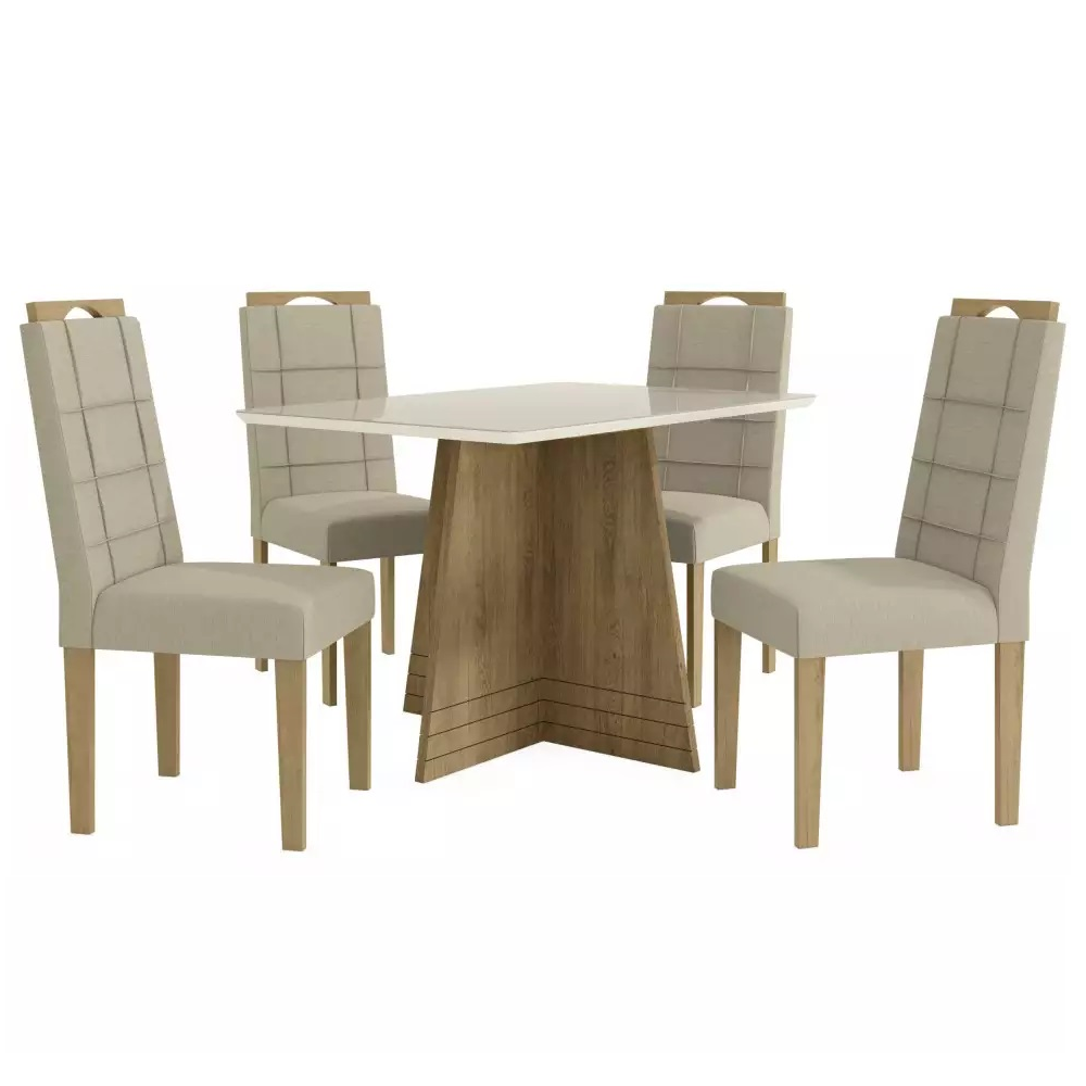 Conjunto de Mesa Quadrada com 4 Cadeiras Linho Beje Freijó/OffWhite Kappesberg BA25, , large image number 1