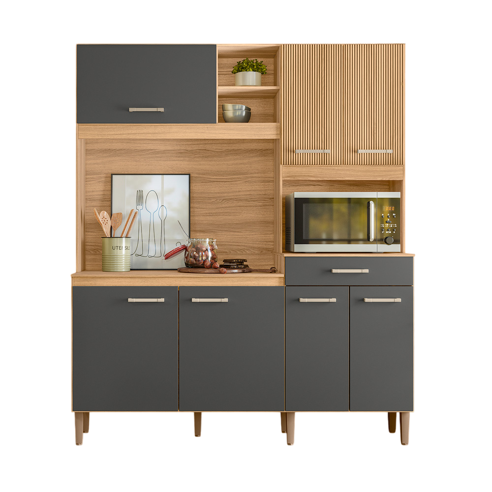 Kit de Cozinha 160 cm 7 Portas 1 Gaveta Freijó/Chumbo/Ripado Nicioli Yara