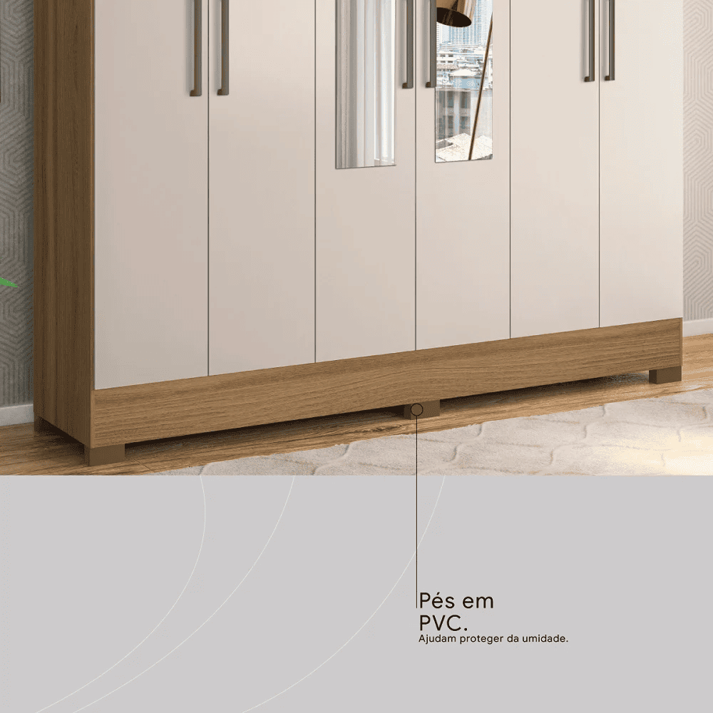 Guarda-Roupa Casal com Espelho 6 Portas 3 Gavetas Amendoa/Off White Dem&oacute;bile Pr&aacute;tico, , large image number 5