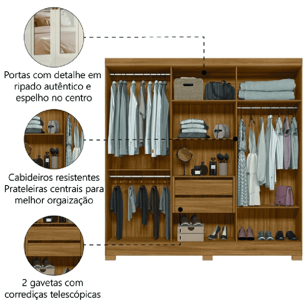 Guarda-Roupa Casal 6 Portas 2 Gavetas com Espelho Freij&oacute;/Off White Moval Valen&ccedil;a Ripado, , large image number 2