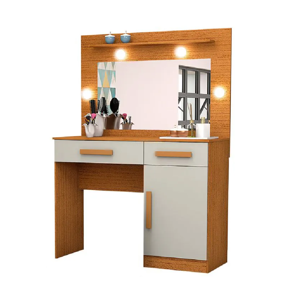 Penteadeira Nature/Off White com Espelho Luz LED 1 Pt 2 Gav 1 Prat Mágno Móveis Munique - 100% MDF