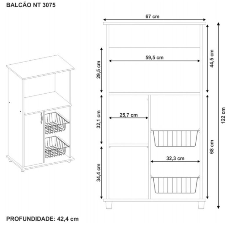 Balcão de Cozinha com Tampo 1 Porta 1 Nicho para Microondas Branco Notável NT3075, , large image number 3