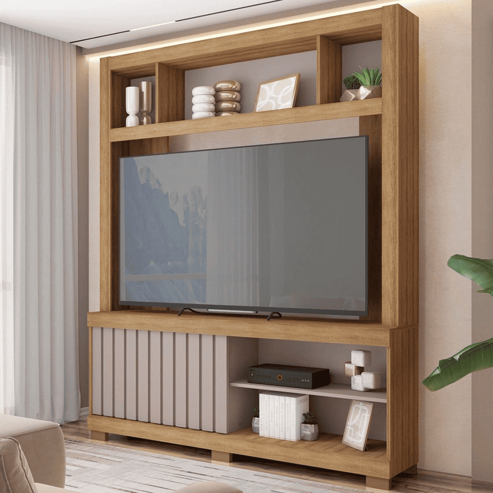 Estante Home Para TV at&eacute; 55 Polegadas 1 Porta Ripada Mel/Cacao Perfect Caemmun Cinne, , large image number 1