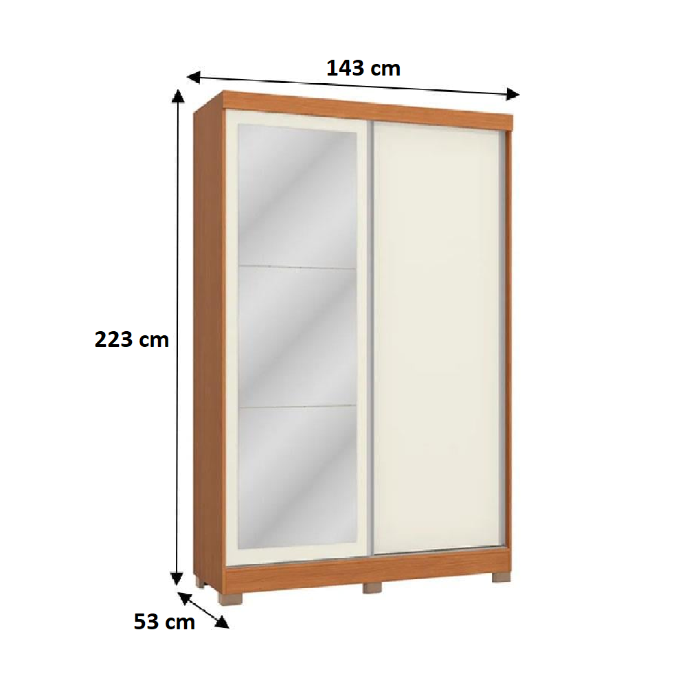 Guarda-Roupa Solteiro com Espelho 2 Portas de Correr 2 Gavetas Canela/Off White Kappesberg CB01N571, , large image number 3