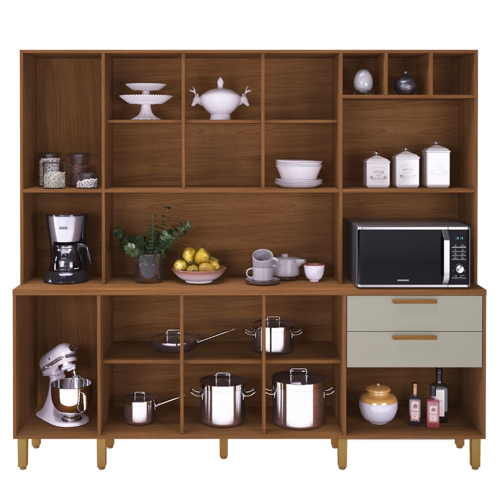 Kit Cozinha Indekes Porto 9 Portas 2 Gavetas 219x198x45,2cm Freijó/Off White, , large image number 1
