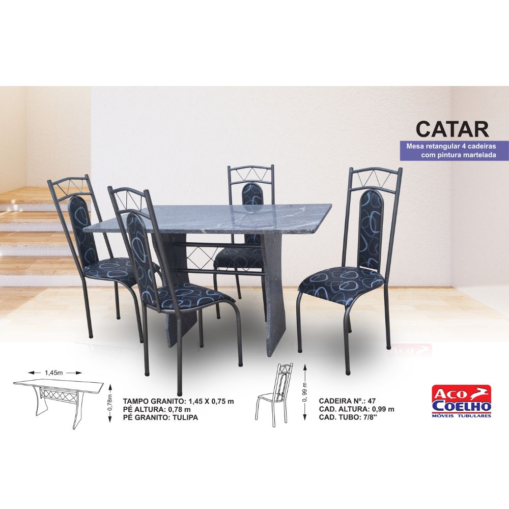 Conjunto de Mesa Aço Coelho com 4 Cadeiras e Tampo de Granito 115x75 Catar, , large image number 1