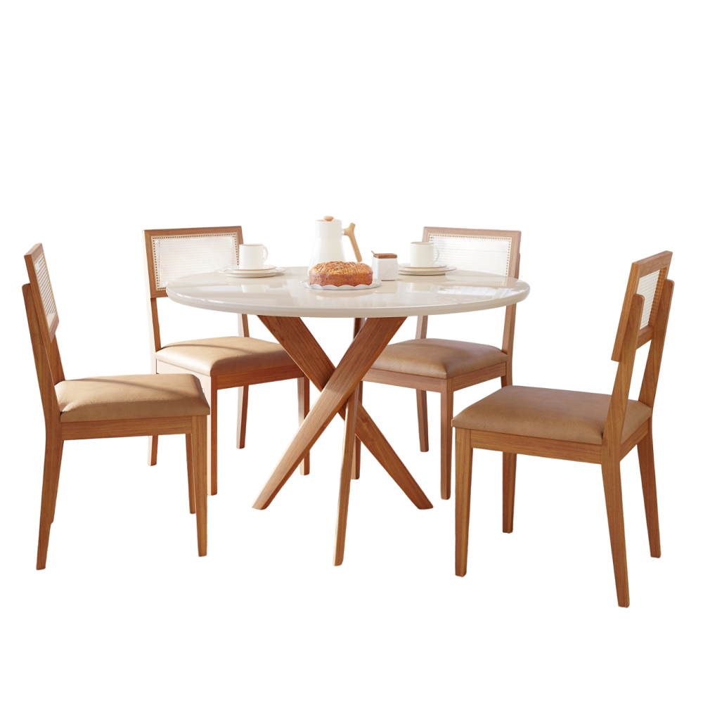 Mesa Sala de Jantar 4 Cadeiras Palmas Redonda 109x109 Madeira/Off White/Kaki Cimol Cacau