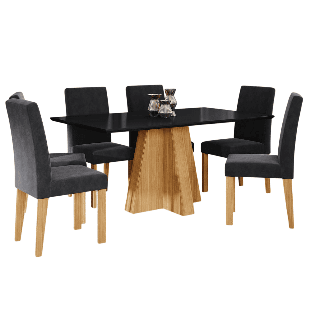 Conjunto de Mesa Sala Jantar Retangular 160x80 com 6 Cadeiras Maia Nature/Chumbo Cimol Patr&iacute;cia