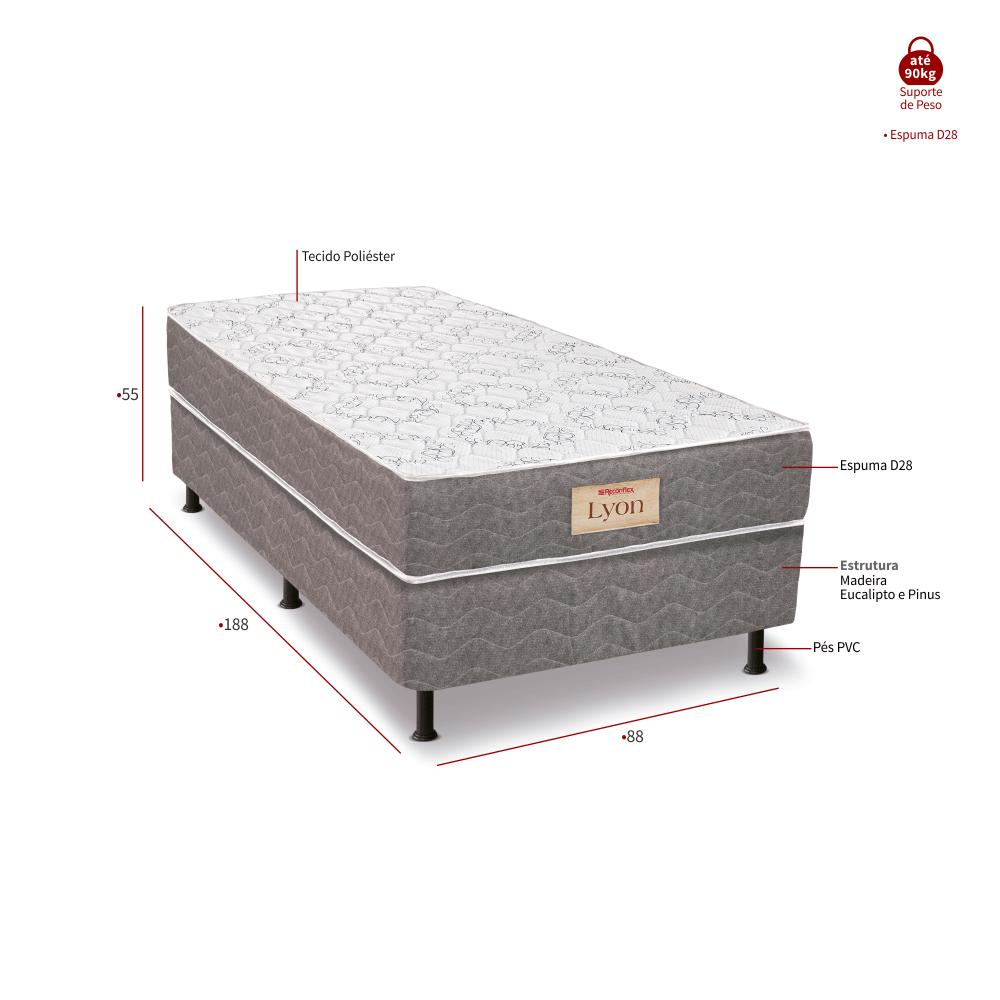 Cama Box Conjugada Solteirão Espuma D28 Lyon 188x88x55 cm Reconflex, , large image number 1