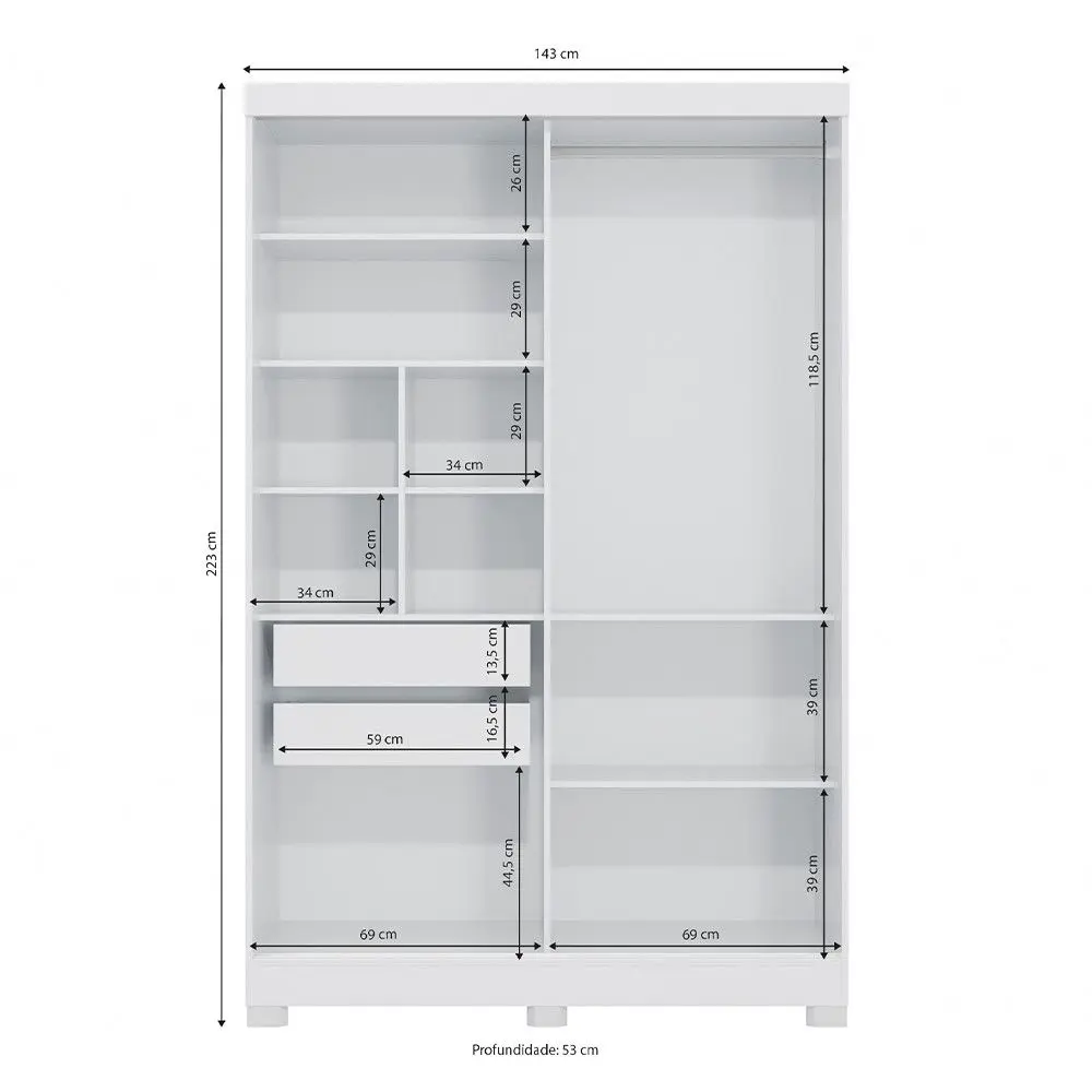 Guarda-Roupa Casal 2 Portas de Correr 2 Gavetas Branco Kappesberg CB01N571, , large image number 4