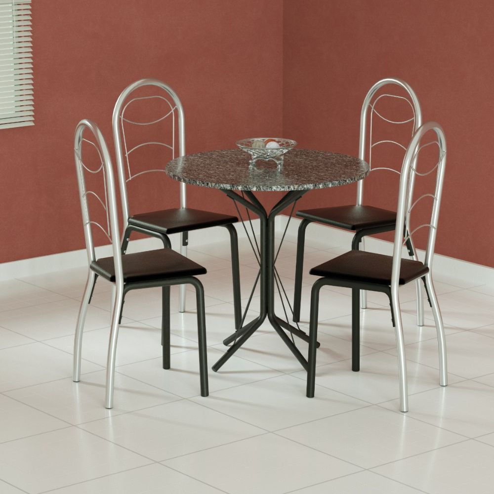 Conjunto De Mesa Sala De Jantar 4 Cadeiras Thaisa Redonda Tubform Preto/Granito, , large image number 1