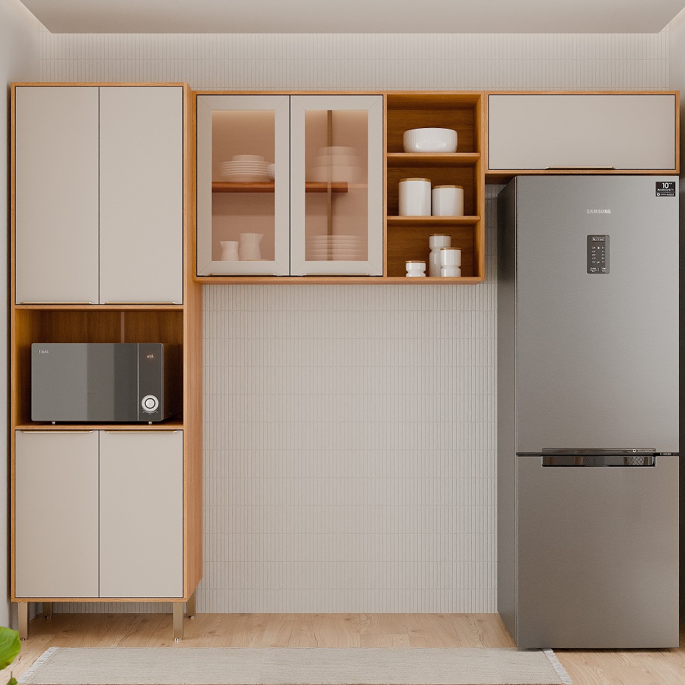Cozinha Completa 3 peças 7 Portas 6 Prateleiras Cinamomo/off White MGM Brilhante - 100% MDF, , large image number 1