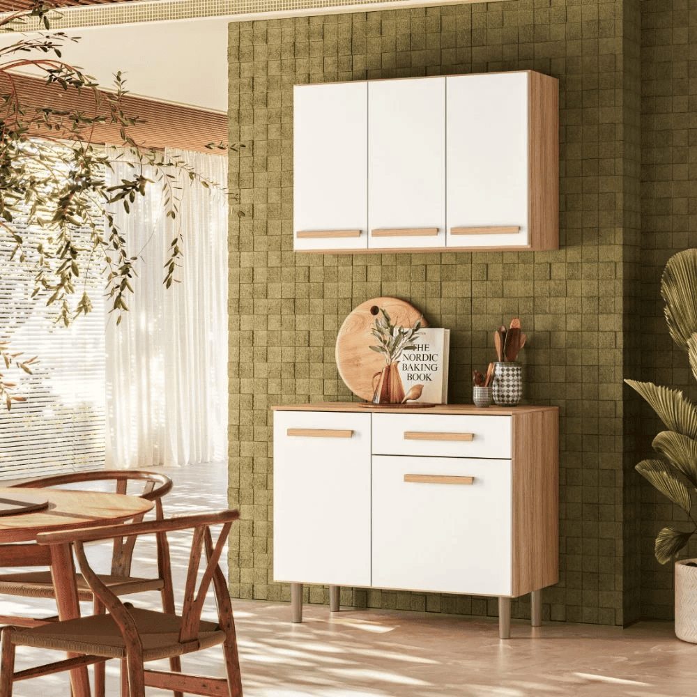 Arm&aacute;rio De Cozinha Com A&eacute;reo E Balc&atilde;o 5 Portas 1 Gaveta Freij&oacute;/Off White Nicioli Lemon, , large image number 1