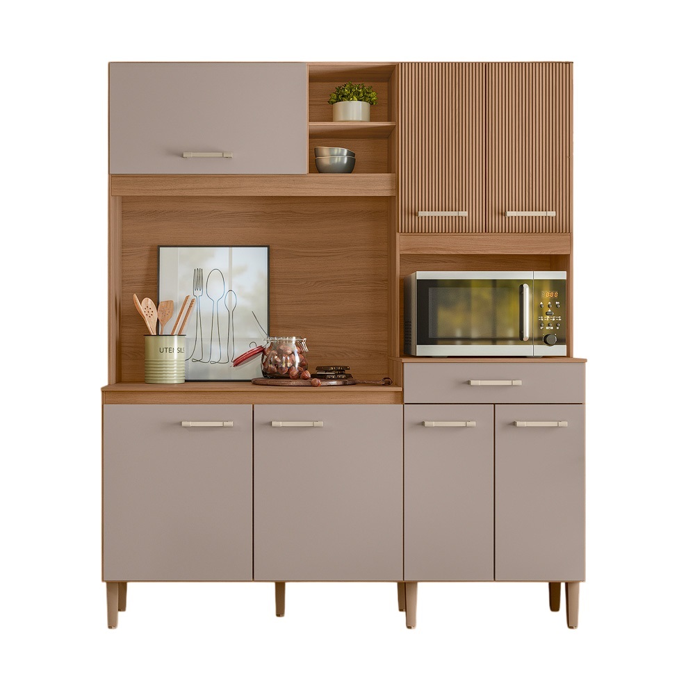 Kit de Cozinha 160 cm 7 Portas 1 Gaveta Ipê/Fendi/Ripado Nicioli Yara