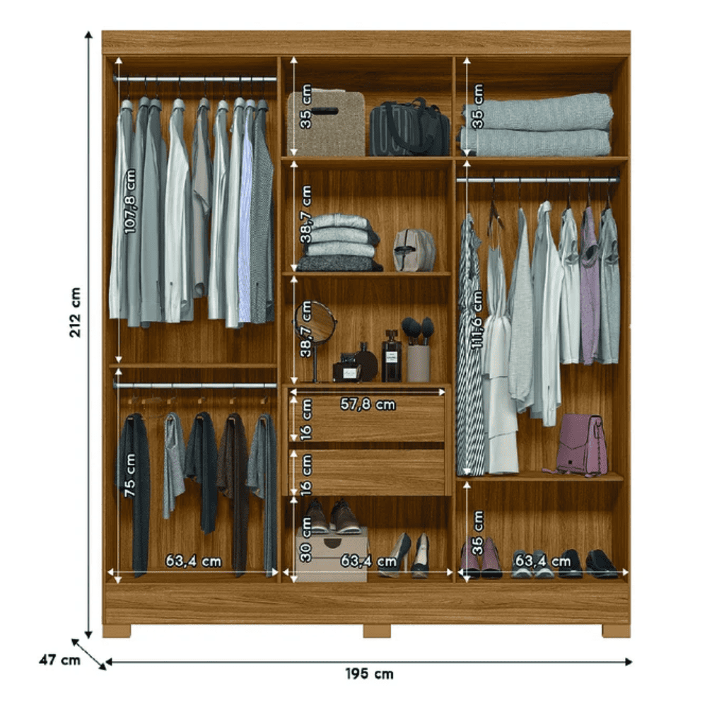 Guarda-Roupa Casal 6 Portas 2 Gavetas com Espelho Freij&oacute;/Off White Moval Valen&ccedil;a Ripado, , large image number 3