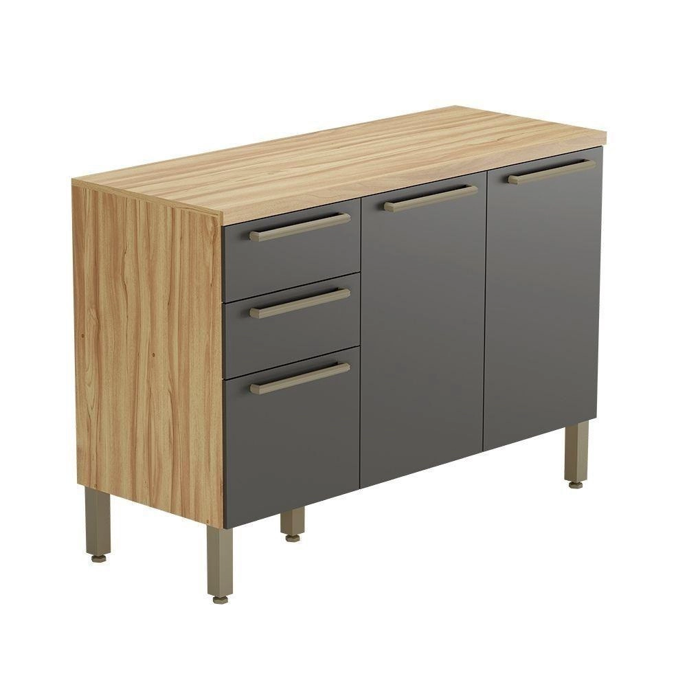 Balcão de Cozinha com Tampo 3 Portas 2 Gavetas Amendoa/Chumbo Ronipa Napoli Prime - 100% MDF