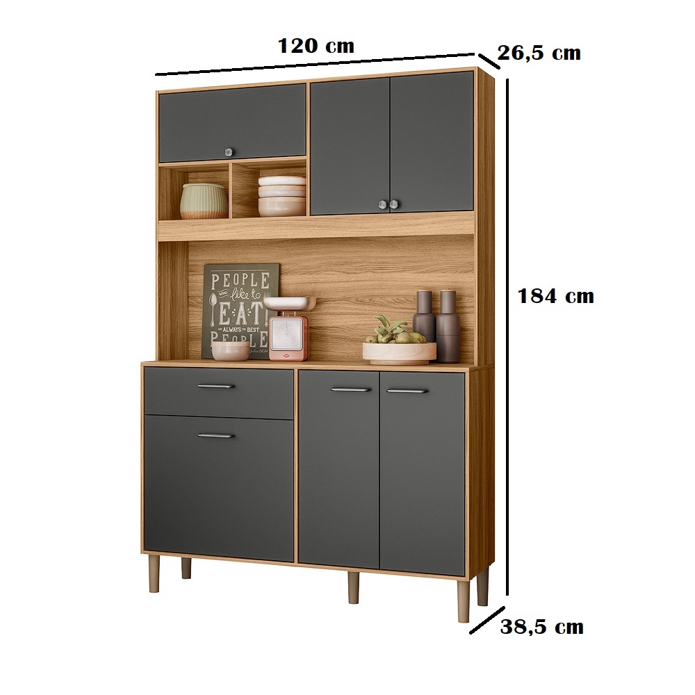 Armário de Cozinha 120 cm 6 Portas 1 Gaveta Freijó/Chumbo Nicioli Erva Doce, , large image number 4