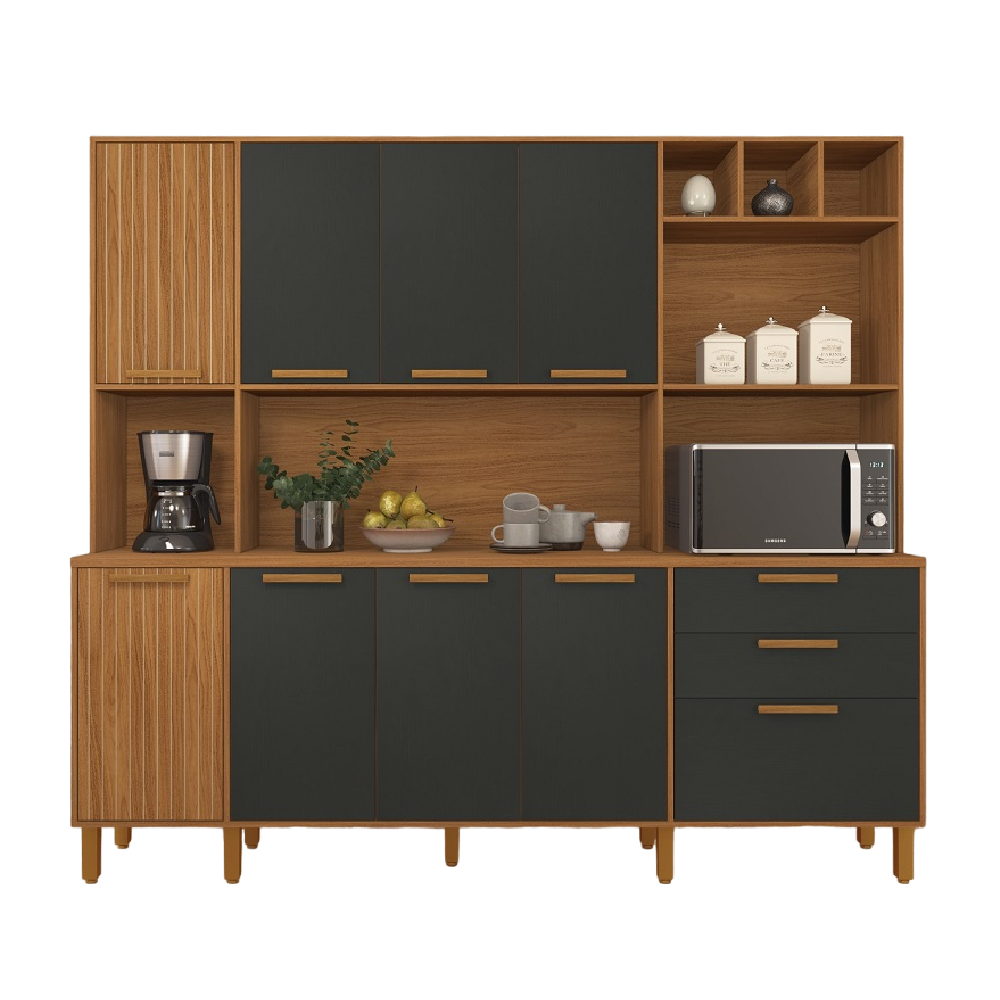 Kit Cozinha Indekes Porto 9 Portas 2 Gavetas 219x198x45,2cm Freijó/Chumbo