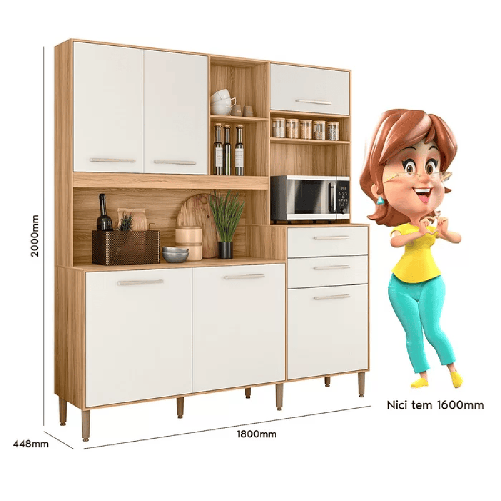 Arm&aacute;rio de Cozinha 6 Portas &Eacute;vora 2 Gavetas MDP Freij&oacute;/Off White Nicioli Cristal Salsa, , large image number 5