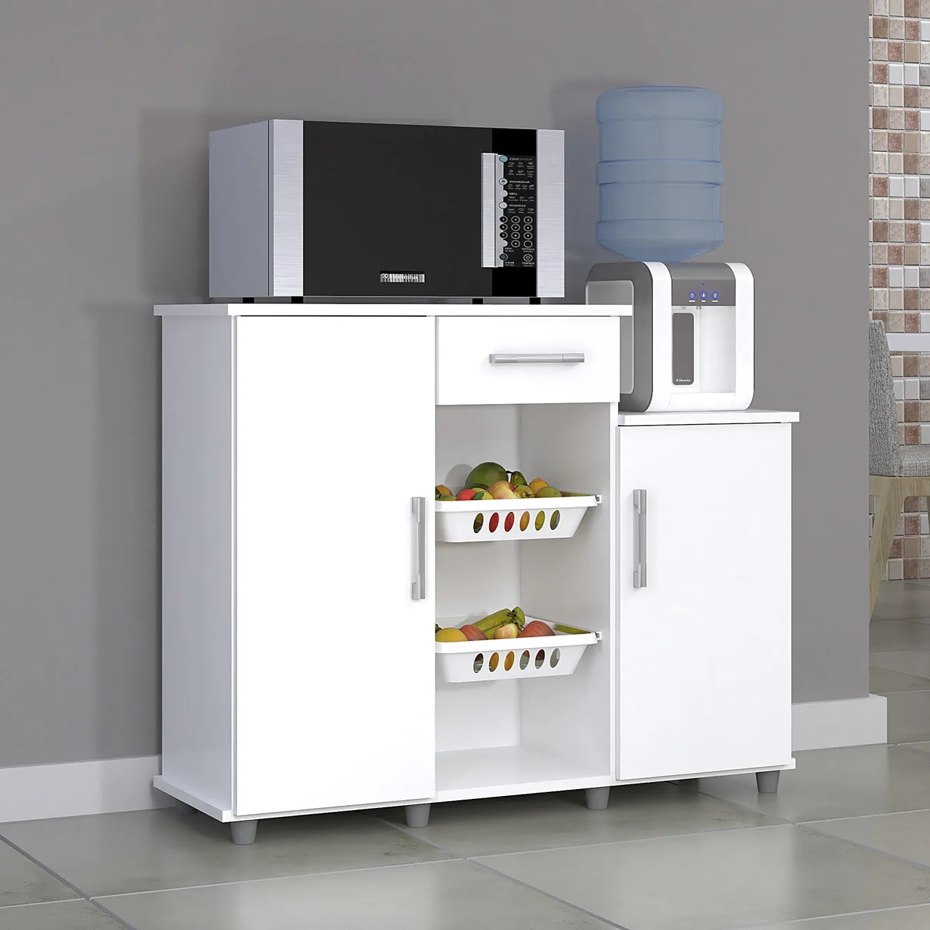 Fruteira de Chão para Cozinha 2 Portas 1 Gaveta Londres Magno - Branco