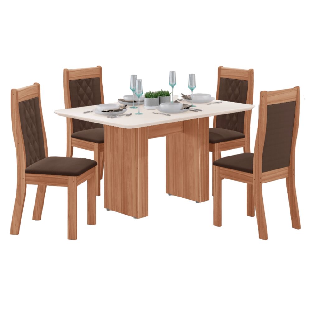 Conjunto de Mesa Tuboarte Helena com 4 Cadeiras Bella Tampo de Vidro 120cm Freijó/Off White/Cooke